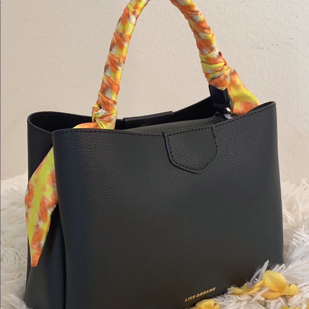 Black bag  with long strap and scarf